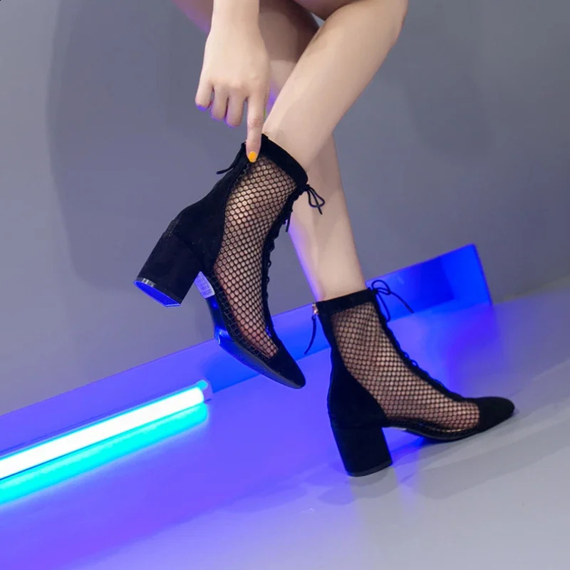 Knee High Boots for Women Summer Chunky Heel Breathable Shoes Ladies High Hollow Roman Mesh Boots Chelsea Boots250418bj