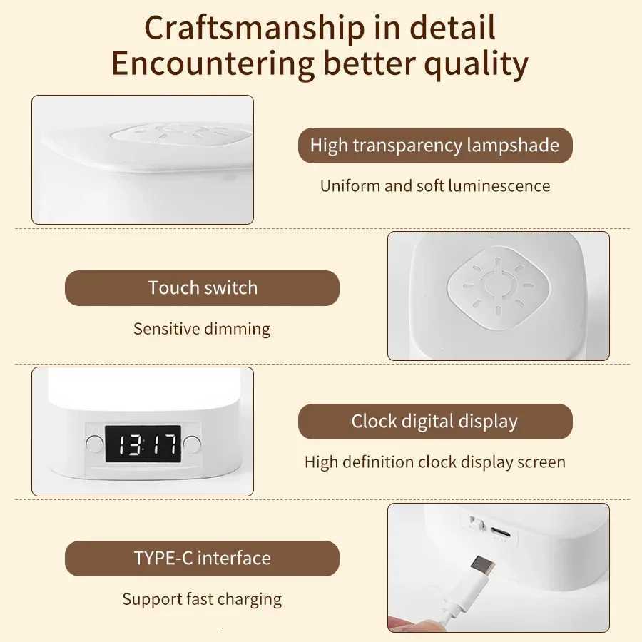 Rechargeable Led Night Light with Time Display USB-Powered Adjustable Brightness Bedside Lamp for Baby Nursery Reading Bedroom M251128