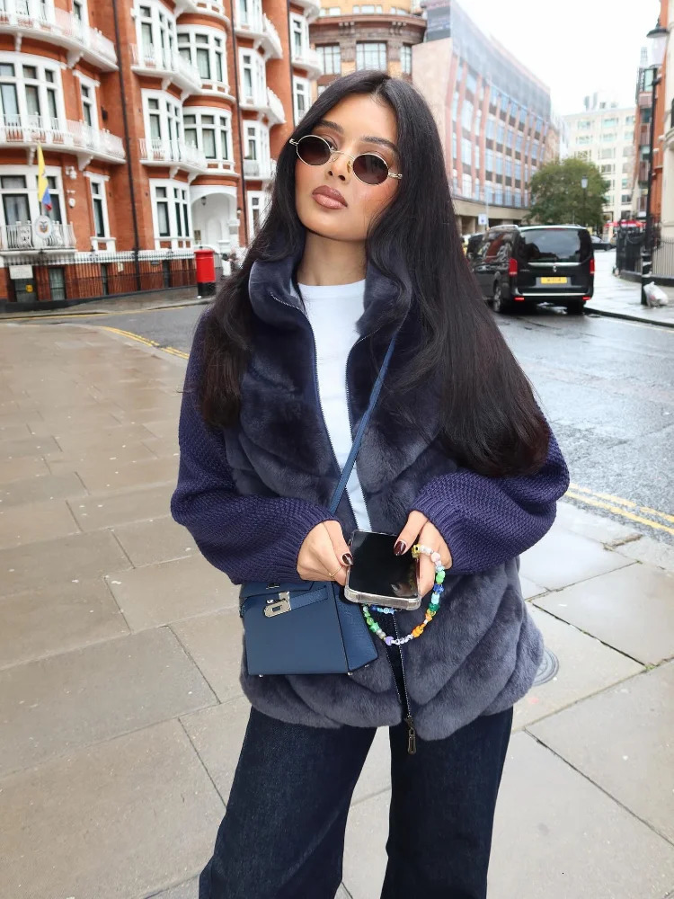 Medieval Knitted Faux Fur Jacket For Women Long Sleeve High Neck Warm Furry Coat Lady Autumn Winter Outwears 251128