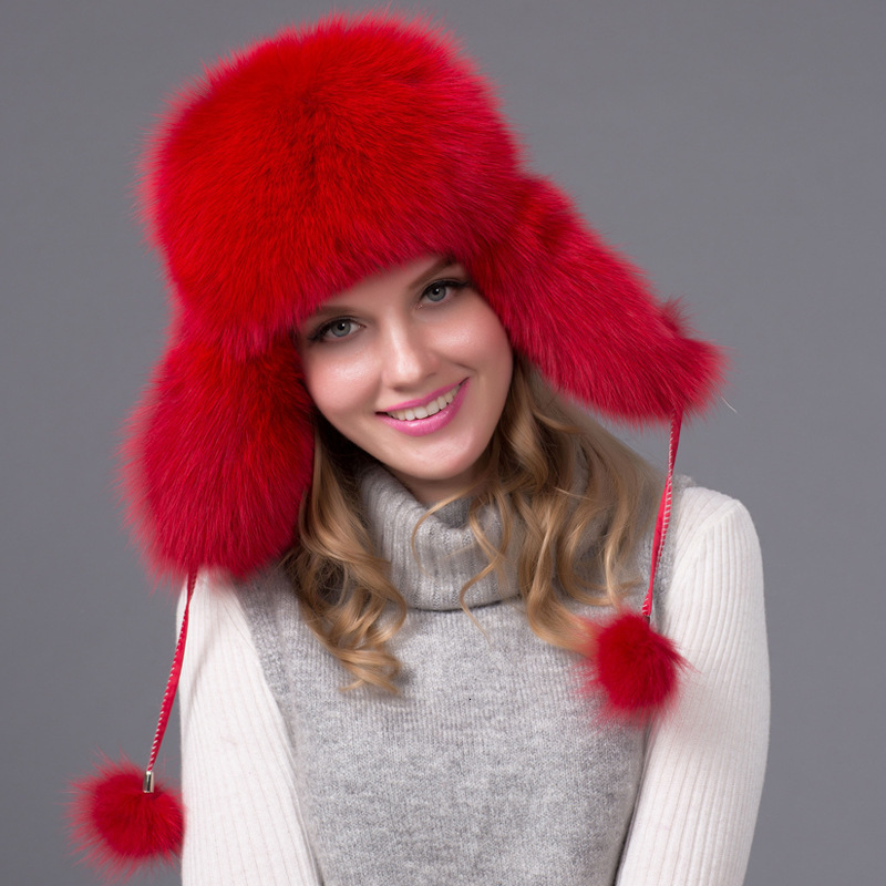Natural Fox Fur Bomber Hats Winter Warm Women Flurfy Genuine Fox Fur Earfiap Caps Quality Russian Lady Real Fox Fur Hat 240910