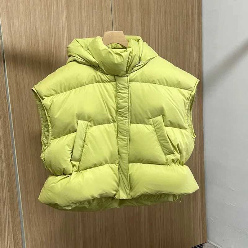 Down Jacket Autumn Loose Detachable Hat Hooded Puffer Jacket Women Sash Tie Up Casual Warm Thick Duck Down Coat Short WaistcoatT251128