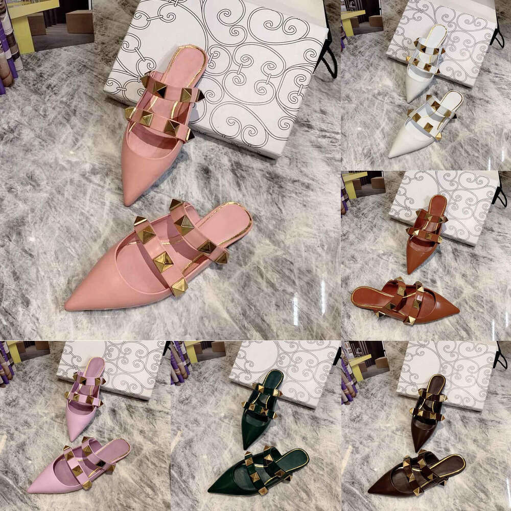 new 2025 woman shoe designer sandal high quality luxury slipper with metal rivet trim leather flat fashion casual sandals clog slide mule sliders pink black white
