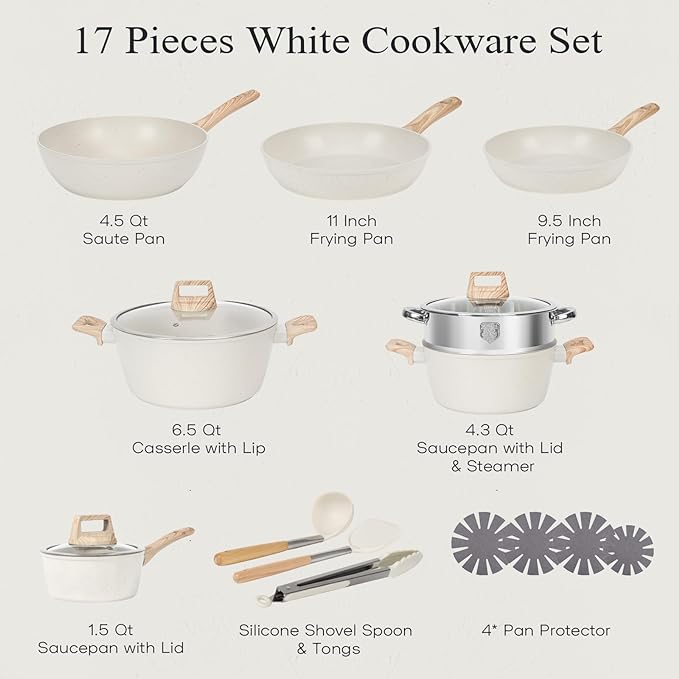 17-Pcs Pots and Pans Set Non Stick Kitchen Cookware Sets Nonstick Induction Cookware Non-toxic Black Granite Cooking Tools with Stay-Cool Handles Sili