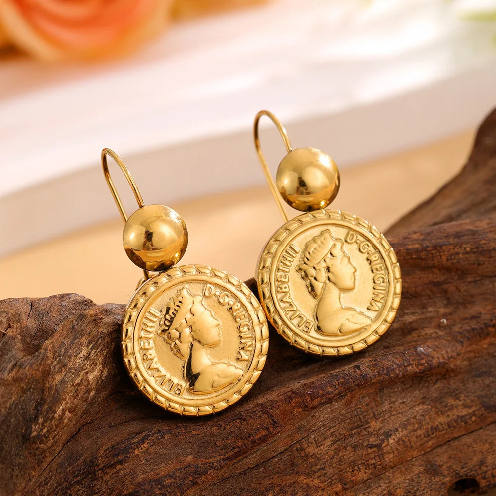 Round Queen Head Gold Coin Drop Earrings Gold Color Stainless Steel Earring For Women Fashion Jewelry Accessories 250427
