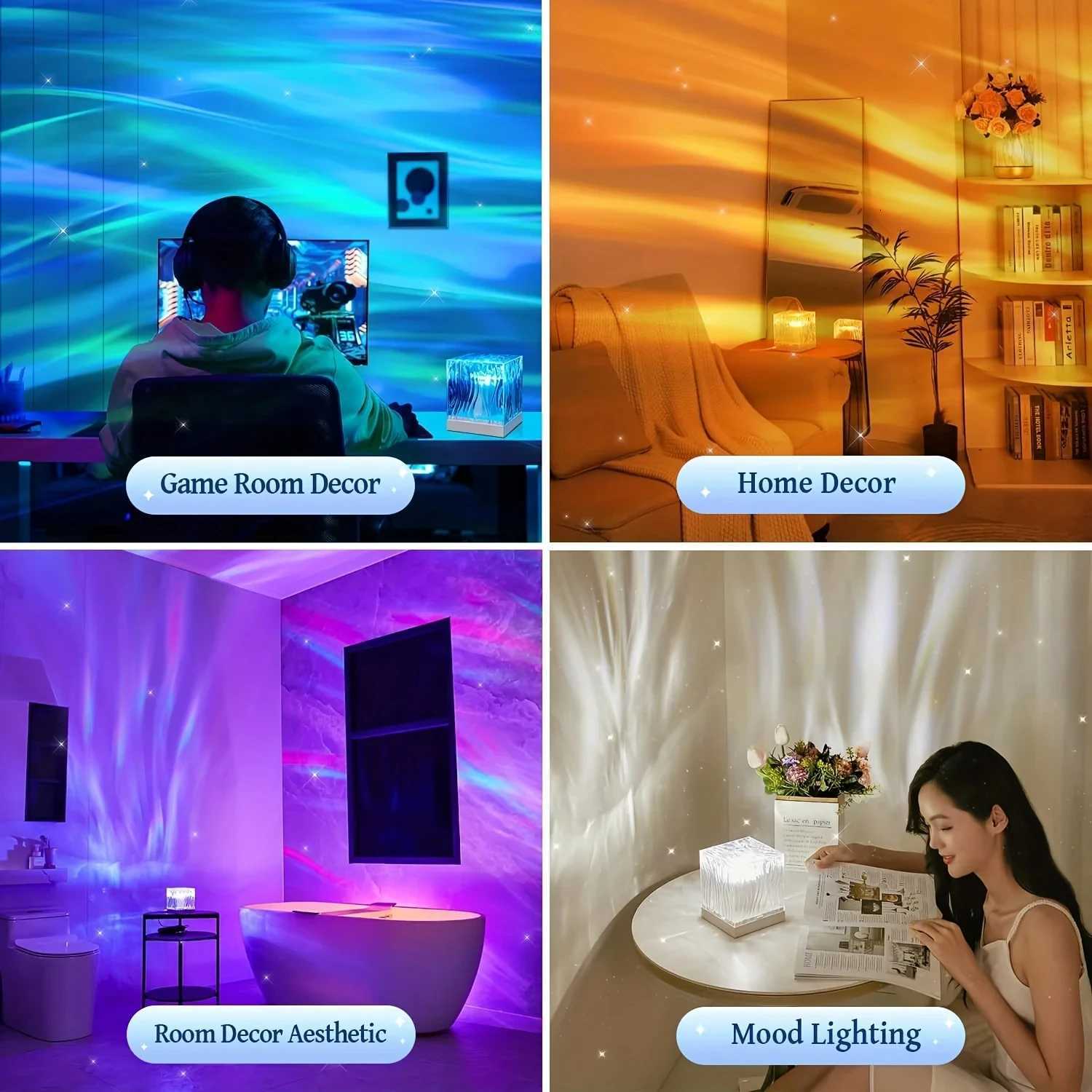 Ocean Wave Aurora Projector Light Remote 16 Colors RGB Dimmable Water Ripple Flame Crystal Lamp for Living Room Study Bedroom M251128