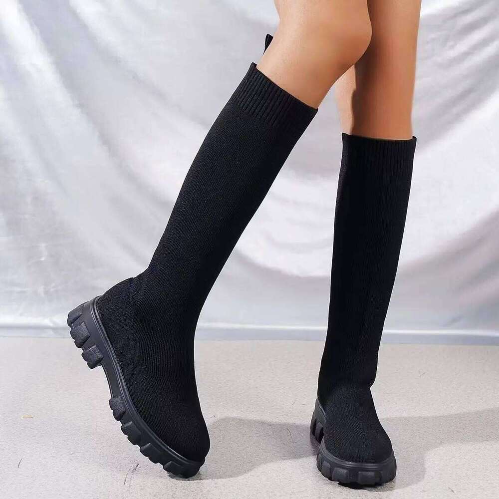 Thick Sole Knitted Long for Women Fashion Elastic Socks Shoes Boots Over Knee Round Toe Low Heels Botas De Mujer 2025