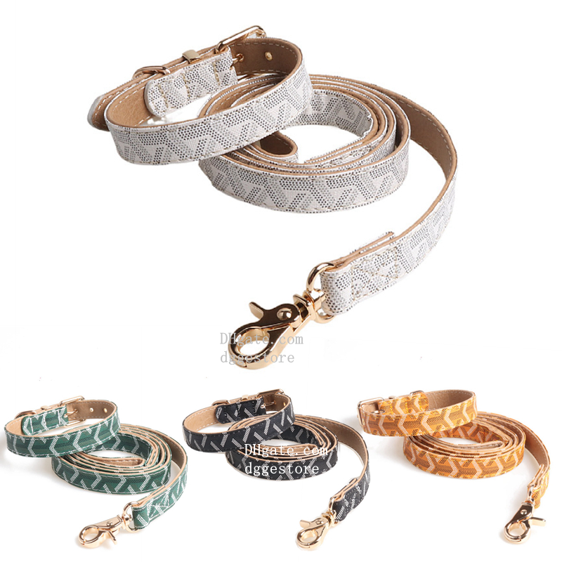 Two Layers of Leather Dog Collars Leashes Set Classic Printed Designer Pet Collar Leash Soft Durable Cat Collar for Small Medium and Large Dogs White XL B192