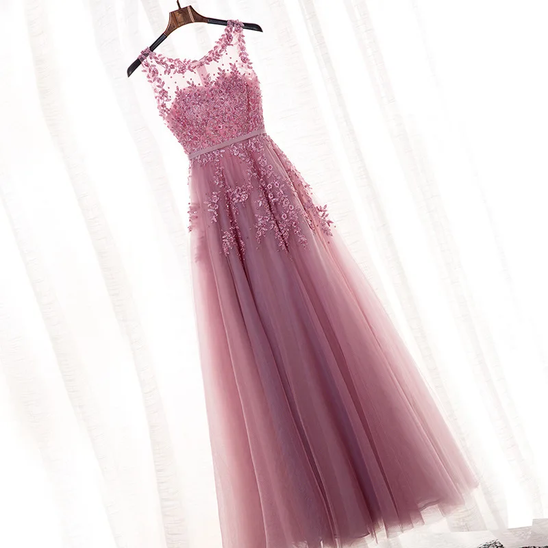 Pink Illusion Lace Evening Dresses Appliques Pearls Floor length Beach Wedding Guest Party Gowns Cheap Long Prom Dress