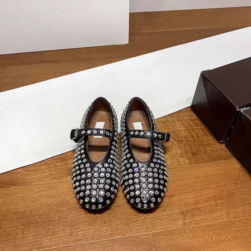 Round Headed Mesh Flat Bottomed Ballet shoes With A Button, Women's Rhinestone Rivets, Hollowed Out Mary Jane Single Shoe