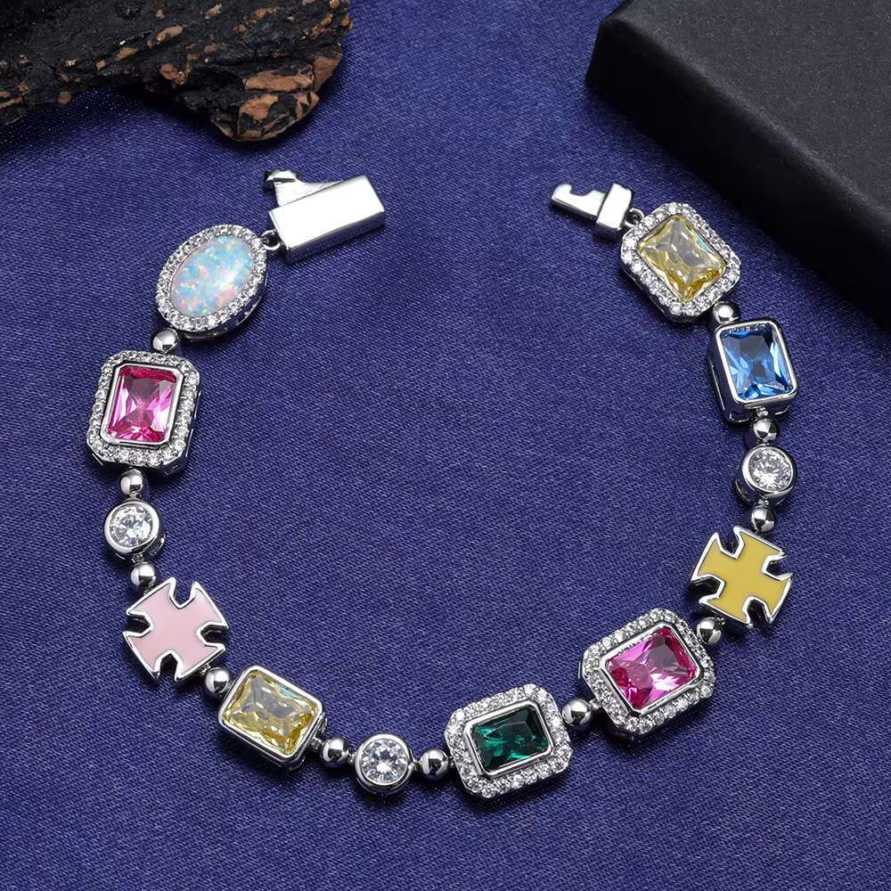 Customizable Silver Geometric Gemstone Motif Iced Chain Necklace Multi-Color Enamel Bling Stones Gold Plated Brass Bangles