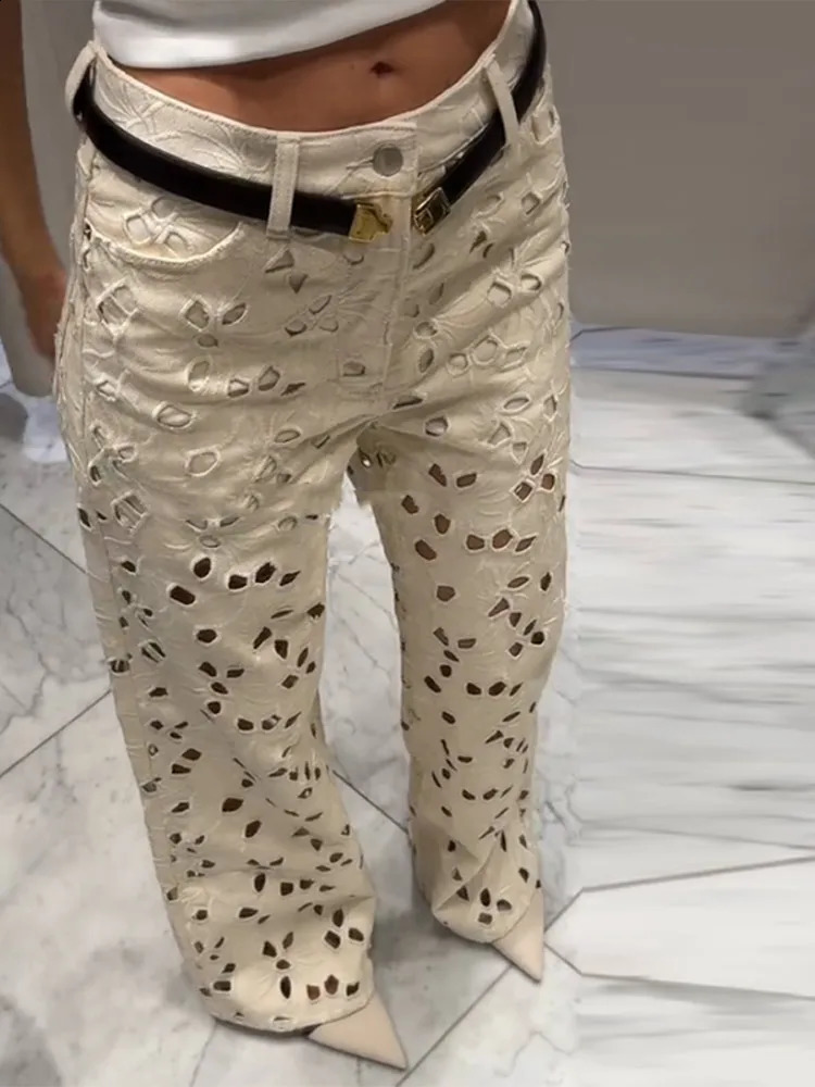 Fashionable hollow jeans womens high waist wide leg long jeans womens spring/summer street casual loose womens pants 250422