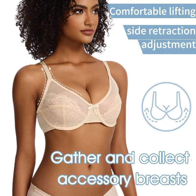 DHessentials Women's plus size nylon lace mini bra with full coverage lifting underwear, adult heavy chest, thin knit daily cup