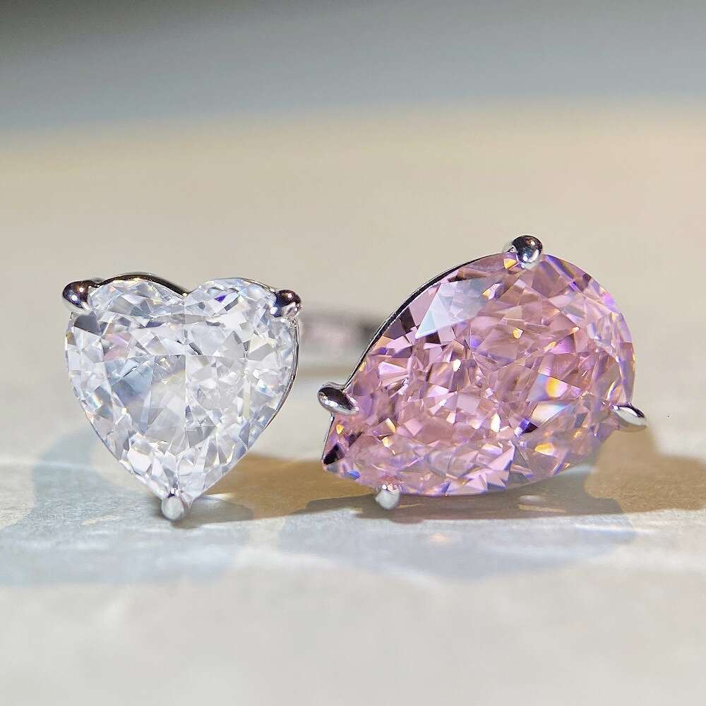 S925 Sterling Silver Heart-shaped Adjustable Open Ice Flower Cut High Carbon Diamond Zircon Ring for Women