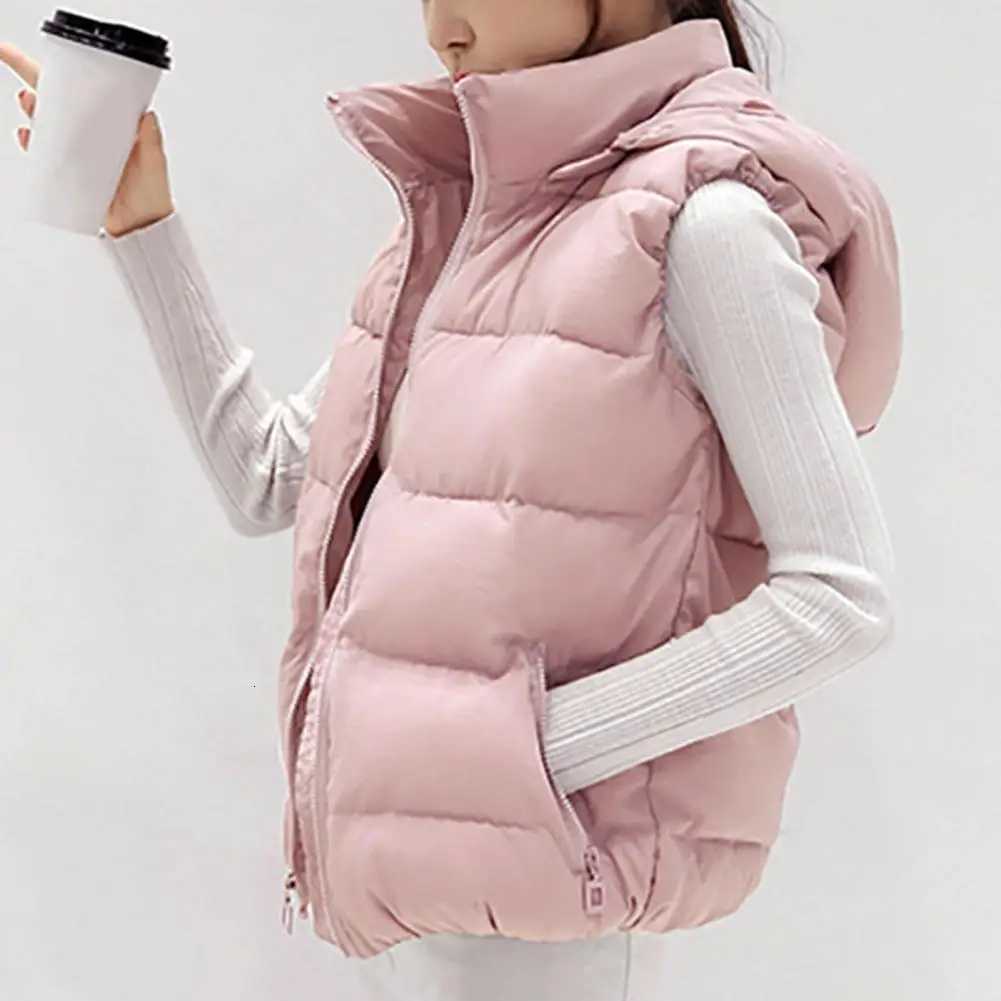 Sleeveless Stand Collar Slant Pockets Zipper Vest Overcoat Women Winter Removable Hat Warm Cotton Padded Waistcoat OuterwearT251128