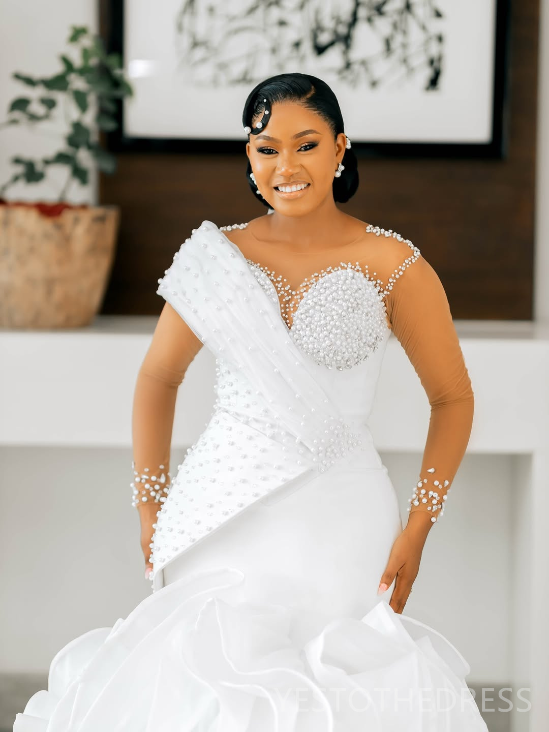 2026 Plus Size Wedding Dress For Bride Mermaid Wedding Gowns Illusion Sheer Neck Long Sleeves Pearls Tulle Tiers Organza Bridal Dresses For Black Afri
