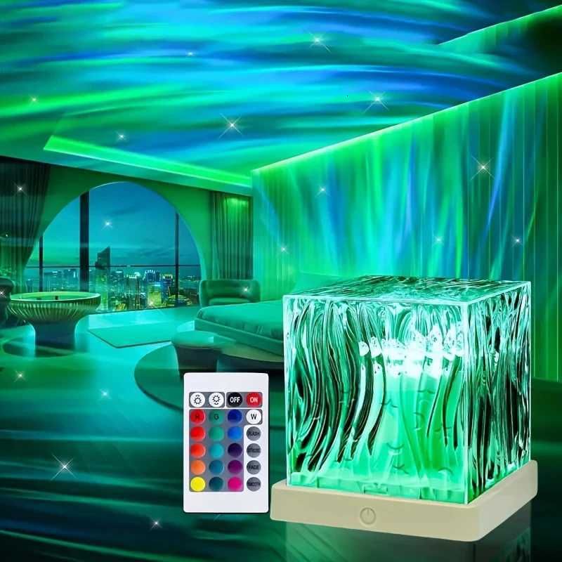 Ocean Wave Aurora Projector Light Remote 16 Colors RGB Dimmable Water Ripple Flame Crystal Lamp for Living Room Study Bedroom M251128