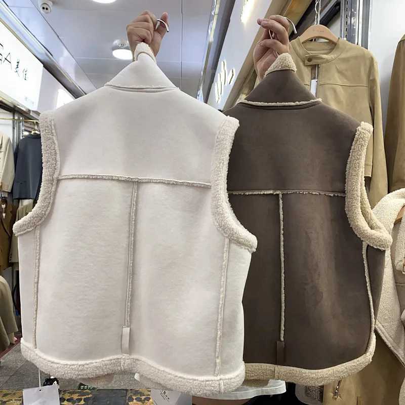 Elegant Women Thick Warm Zipper Vests Female Faux Leather Lambswool Patchwork Sleeveless Chic Casual Vest Outwear Autumn2025T251128