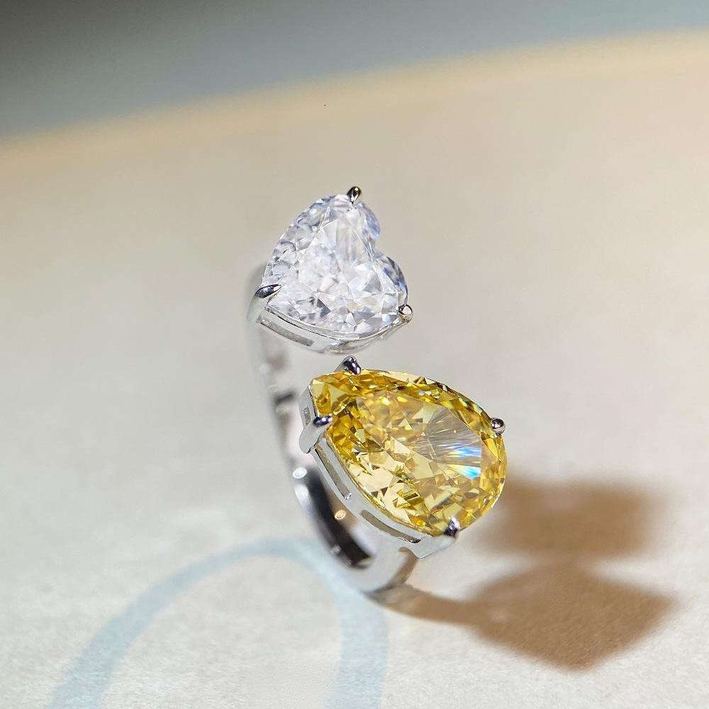 S925 Sterling Silver Heart-shaped Adjustable Open Ice Flower Cut High Carbon Diamond Zircon Ring for Women