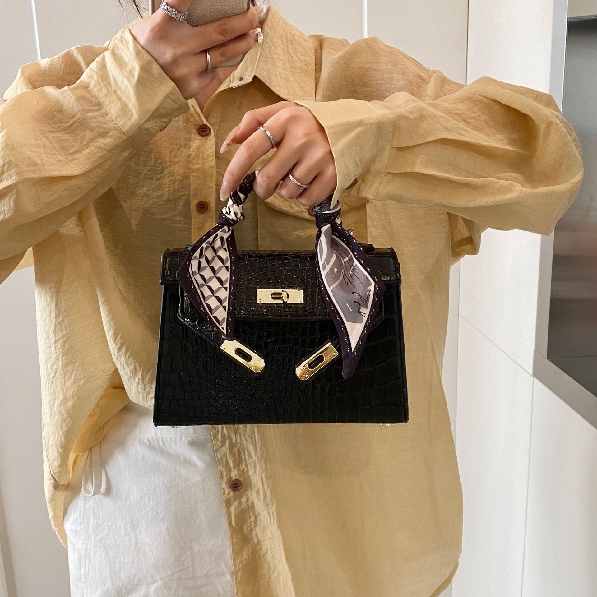 Designer 2025S patent leather Kelly women high-end stone pattern hand-held small square new fashion versatile shoulder diagonal cross bag