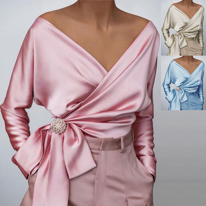 Women's Blouses Shirts VONDA Women Fashion Blouse Elegant Shirt Solid Sexy V Neck Tops Spring Long Sleeve Casual Party Tunic Blusas without Brooc