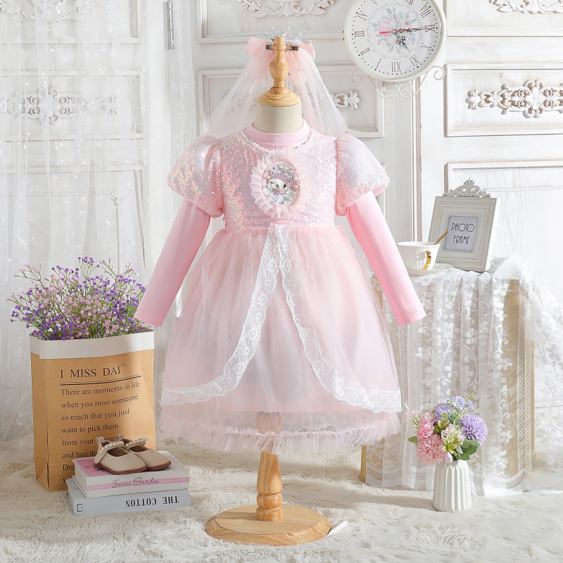 Disney baby designer clothing princess dress beach skirt A-line skirt spring baby designer girls' long-sleeve dress lace puffy dress children
