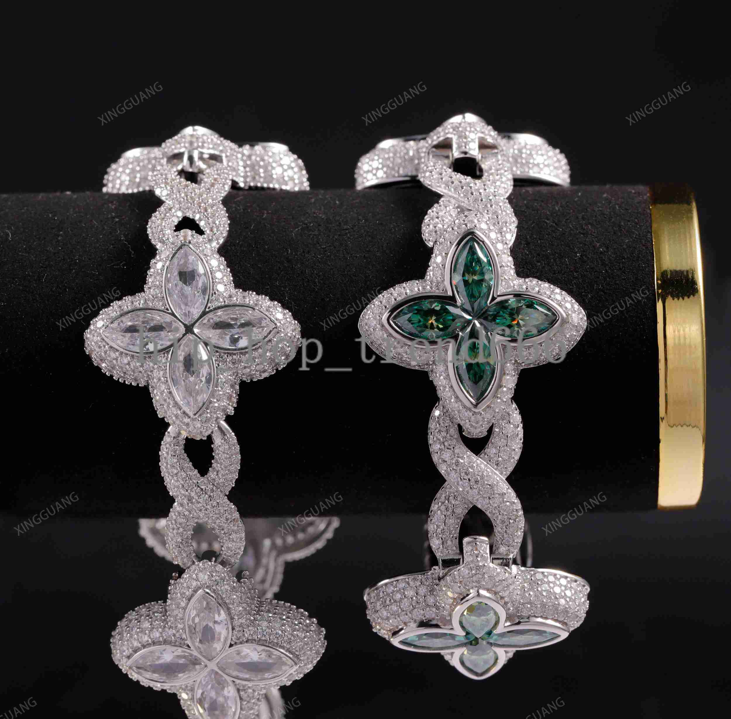 New Arrival Clover Design Vvs White Green Moissanite Diamond S925 Silver Gold Plated Cuban Link Bracelet Men Women