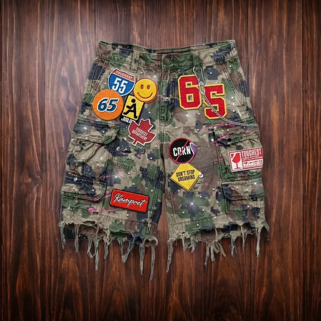 Retro Diamonds Patch Embroid Denim Shorts Goth Y2K Baggy Short Jeans Harajuku Cargo Pants Streetwear High Waist Wide Leg Shorts 251128