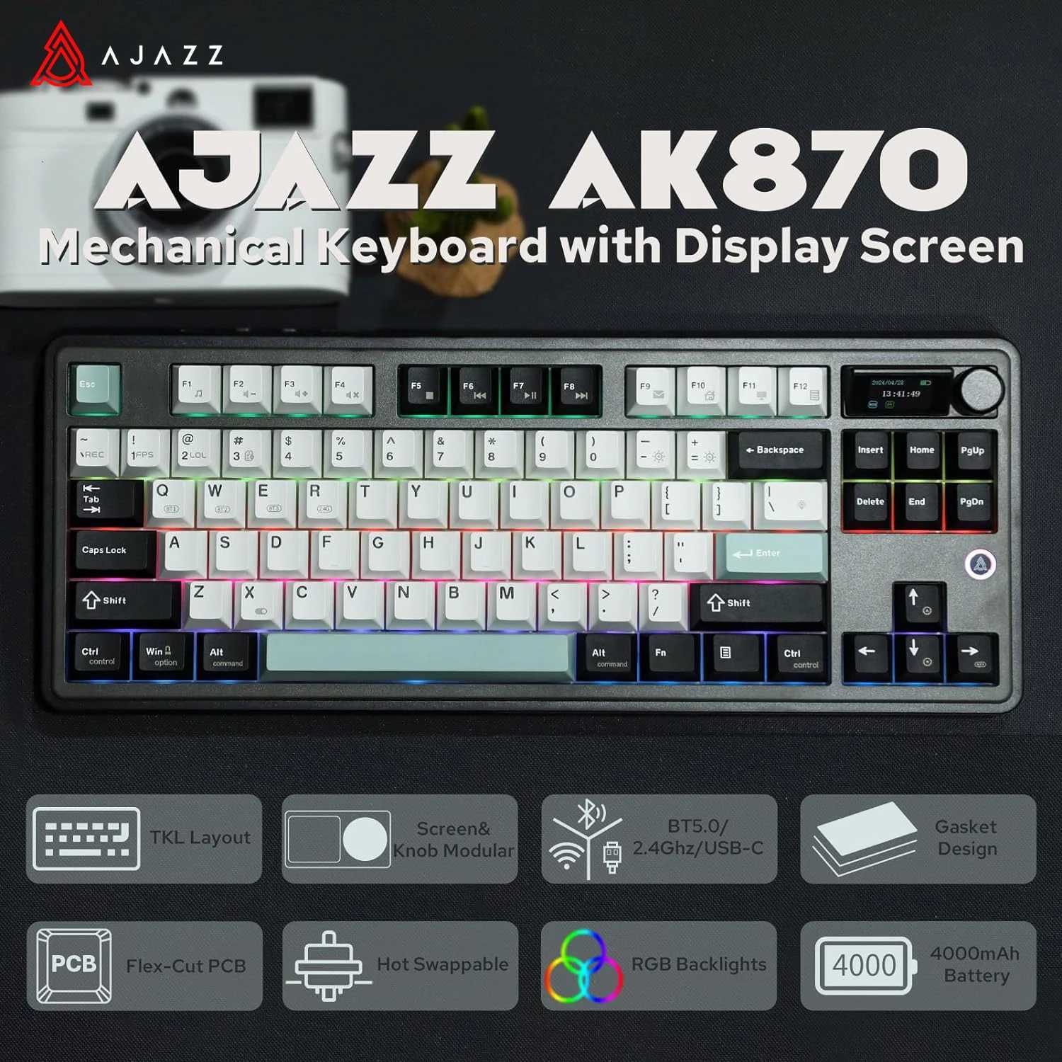 Ajazz AK870 Tri-mode Gaming Mechanical Keyboard Hot Swap RGB Wired/ /Wireless Gamer Keyboard Gasket For Laptop TabletM251128