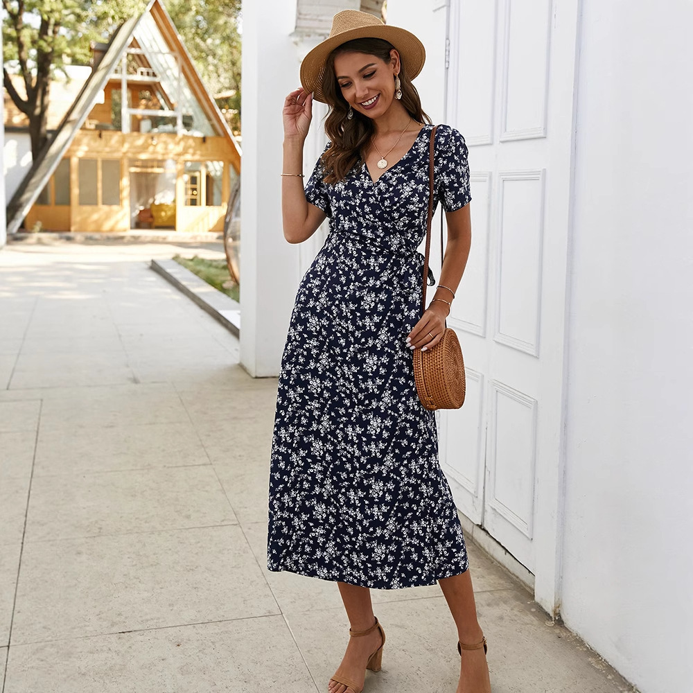 Casual Summer Dress V Neck Buttons Vintage Floral Printed Maxi Dresses Women High Waist Beach Holiday Dress Vestidos 210521