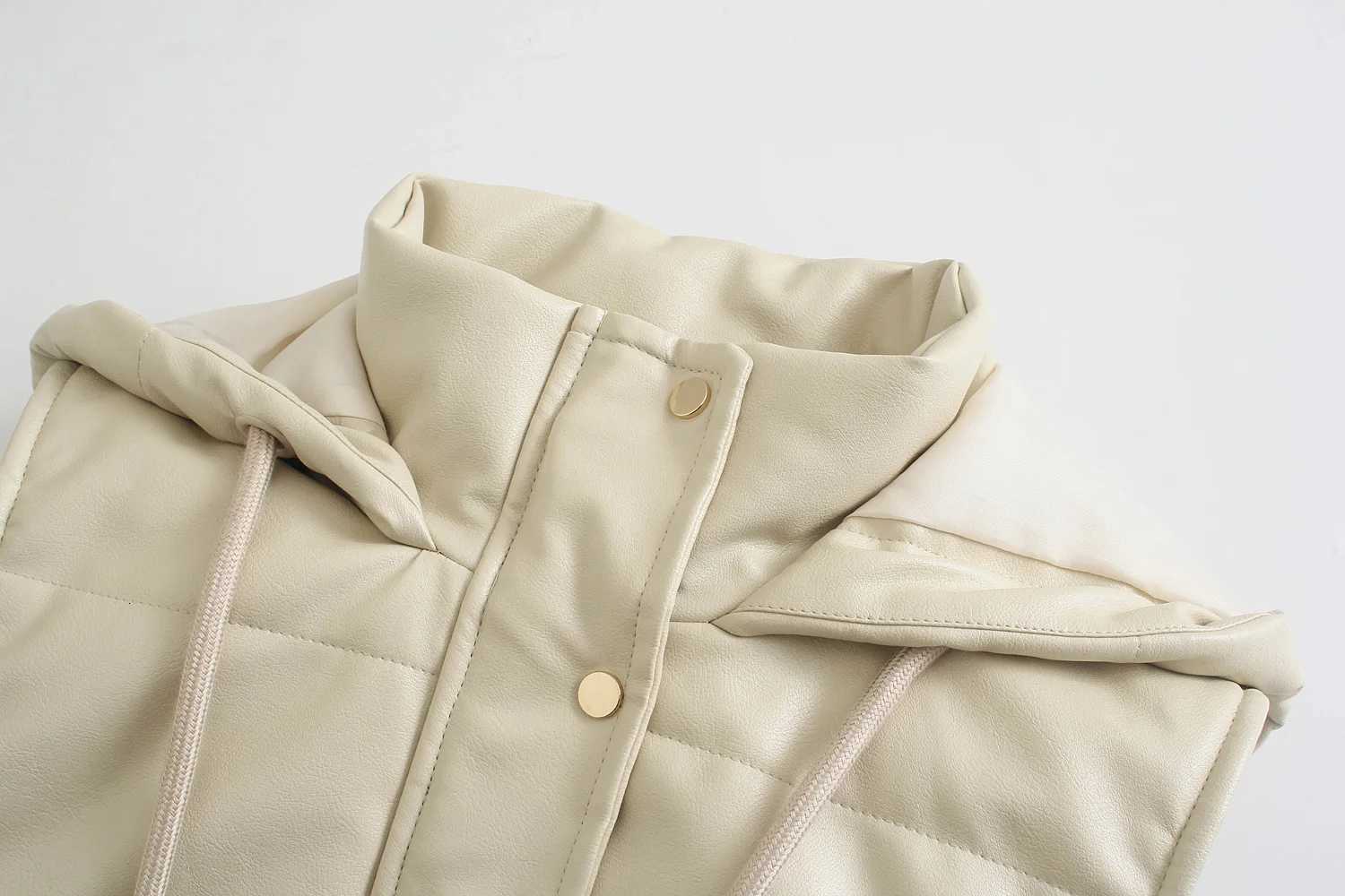 2025 Womens new hooded thickened warm imitation leather sleeveless zipper cotton suit vest PU vest cotton coatT251128