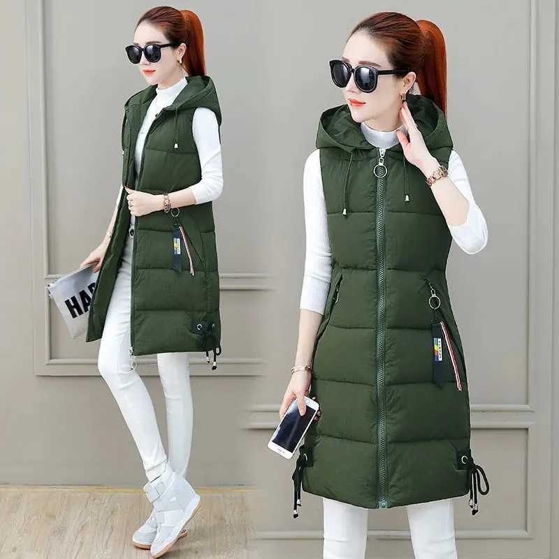 2023 New Autumn Winter Women Long Parkas Vest Warm Hooded Down Coat Parka Ladies Sleeveless Waistcoat Jacket OutwearT251128