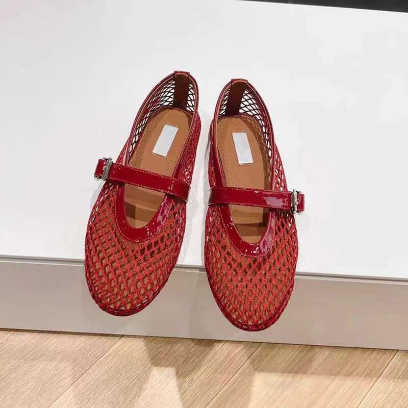 2025 New French Fairy Fishing Net Weaving Ballet Hole Shoes, Flat Sandals, Mesh Strap Single Shoes