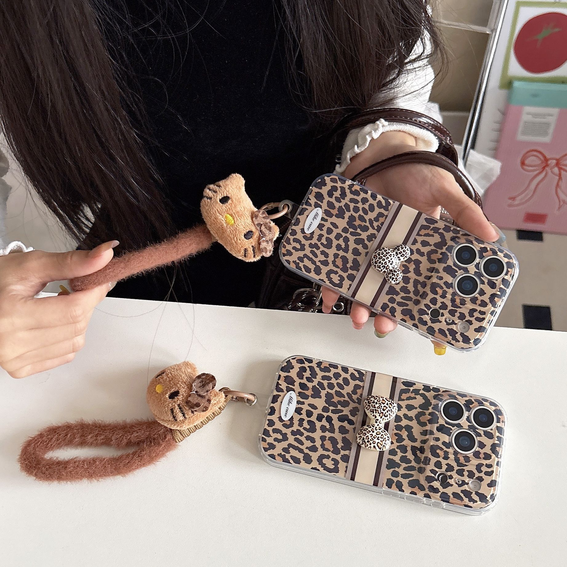 Leopard Print Bow Phone Case iPhone 17 Pro Max Compatible with Apple 16/15 Doll Lanyard Protective Case