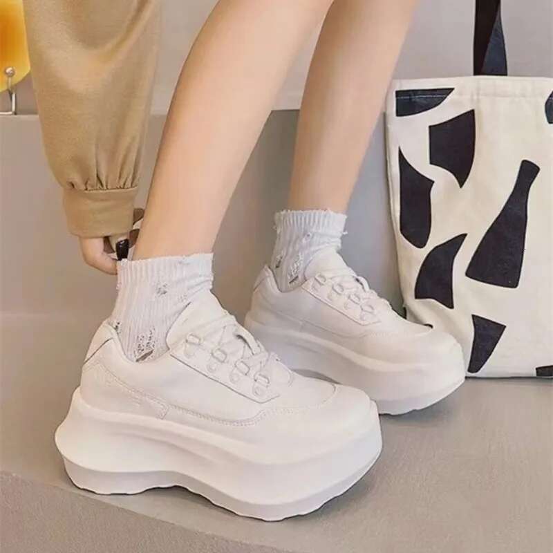 Thick soled Women's 2025 Spring and Autumn New Leather Height Increase 7CM Casual Sports White Shoes