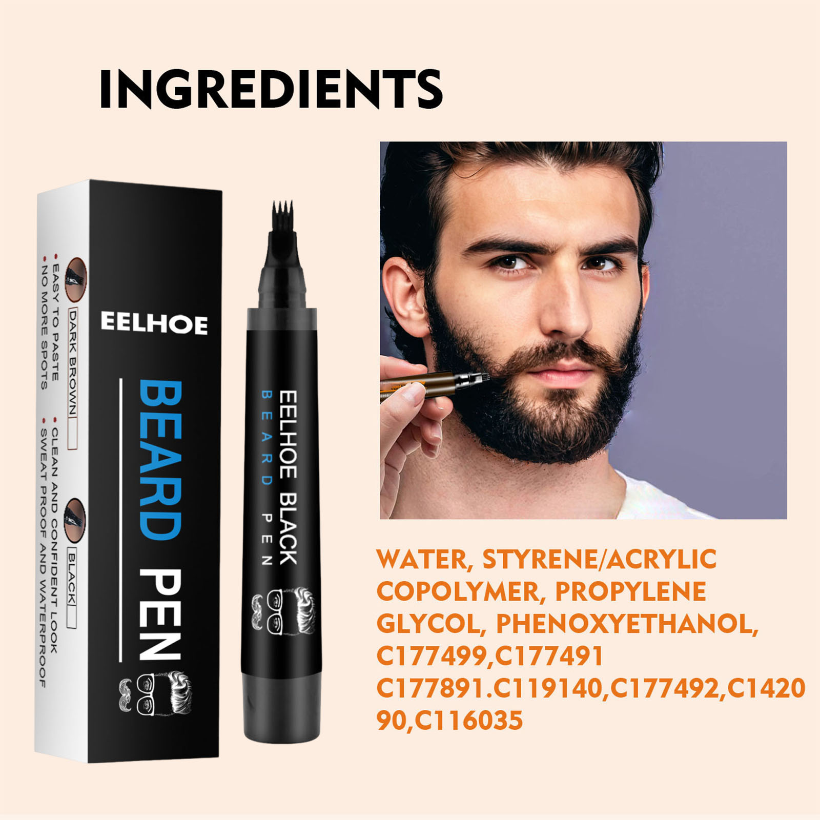 EELHOE Beard Filling Pen Kit for Men Professional Shaping Pen with Brush Waterproof Oil Wax Base Easy Application Daily Use Father's Day Birthday