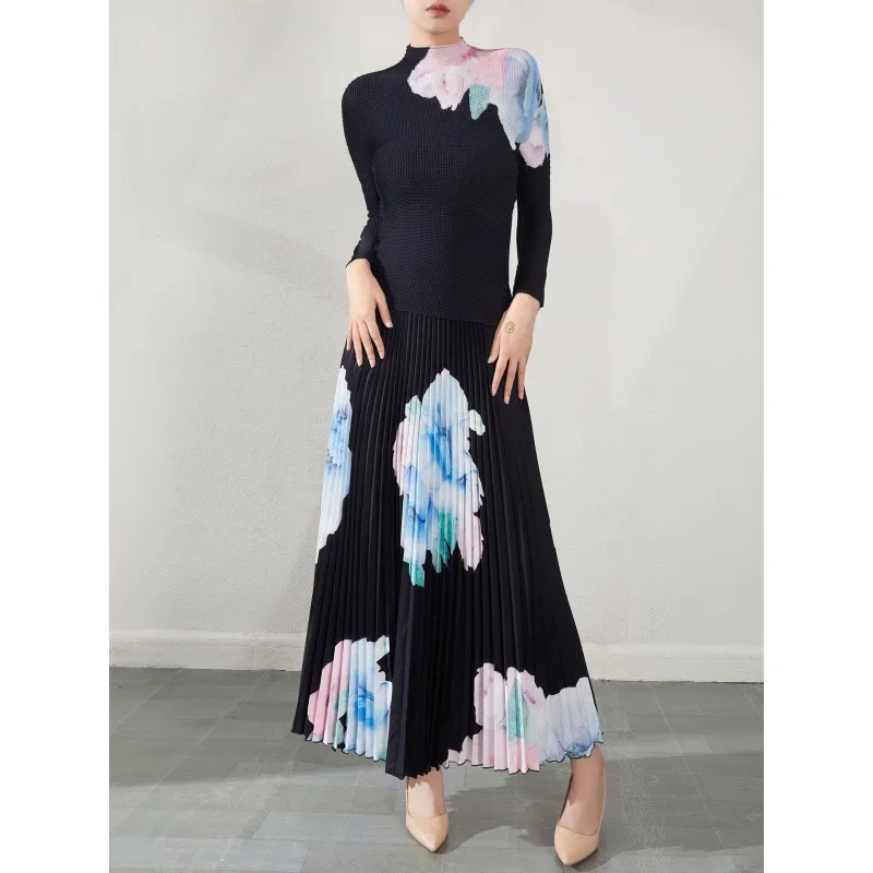 Fashionable Two-Piece Suit Dress Women's Early Autumn New Style Slimming Ruffles Printed Top Half-Length Dress