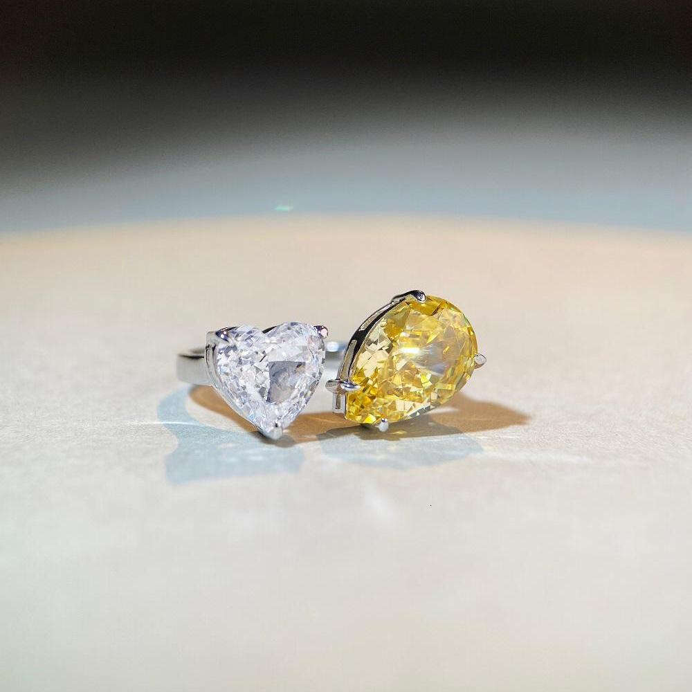 S925 Sterling Silver Heart-shaped Adjustable Open Ice Flower Cut High Carbon Diamond Zircon Ring for Women