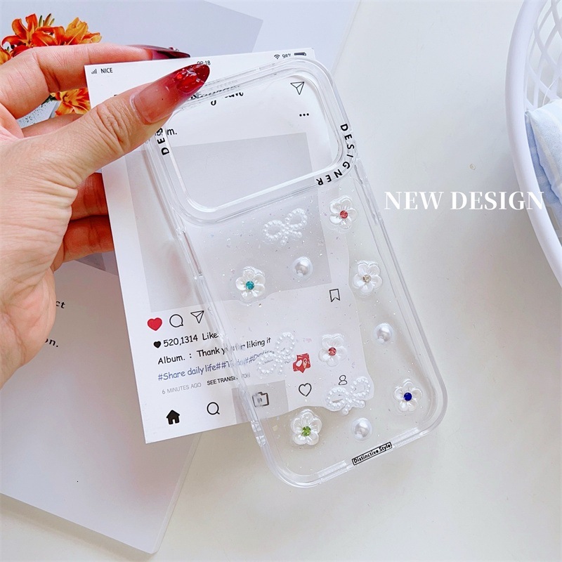 Epoxy Bowknot Pearl Small Flower Phone Case iPhone 17 Pro Max Compatible with Apple 16 /15 Pro Transparent Protective Case