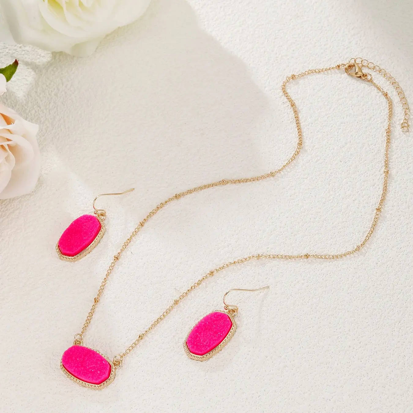 Women's Oval Crystal Pendant Necklace Earrings Set Best Gift for Mom