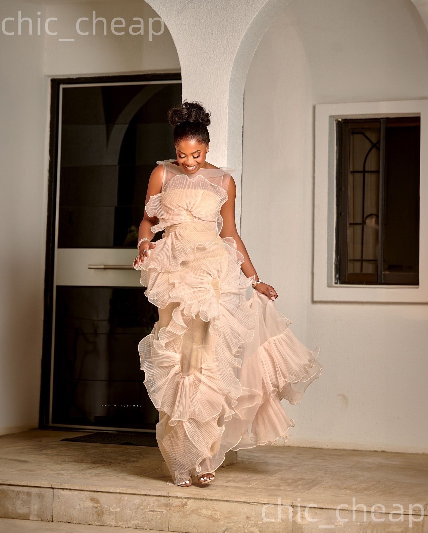 Aso Ebi Champagne Mermaid Prom Dresses 2026 Ruffles Sheer Neck Evening Formal Party Second Birthday Engagement Gowns Plus Size Dress For Special Occas