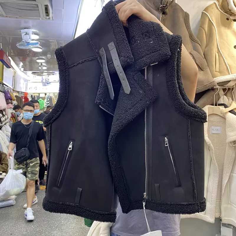 Elegant Women Thick Warm Zipper Vests Female Faux Leather Lambswool Patchwork Sleeveless Chic Casual Vest Outwear Autumn2025T251128