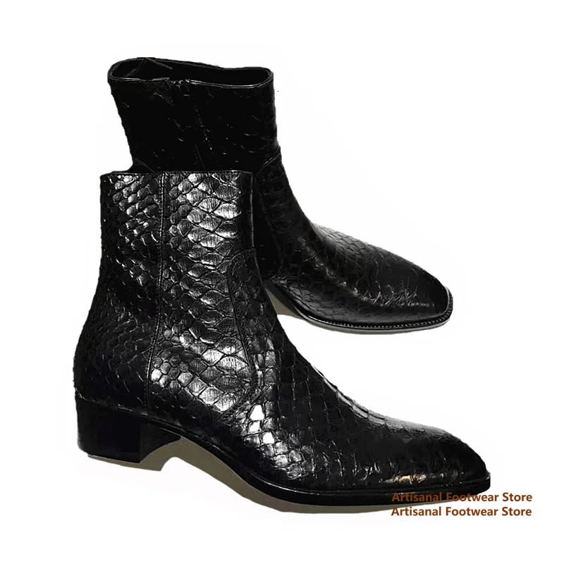 Snake Pattern Chelsea Boots for Men Spring and Summer Side Zipper High-Top Leather Booties British Style Handmade Men Boots 251126