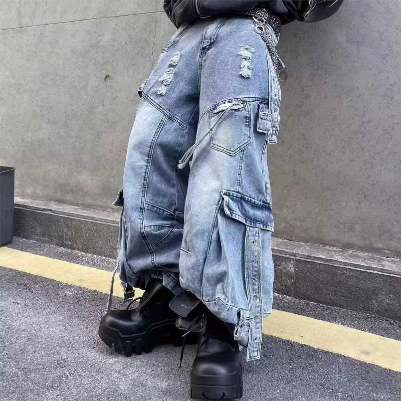 2025 Cyber Y2K Streetwear Washed Blue Baggy Ripped Cargo Jeans Pants For Men Clothing Wide Leg Vintage Loose Punk Denim Trousers L251127