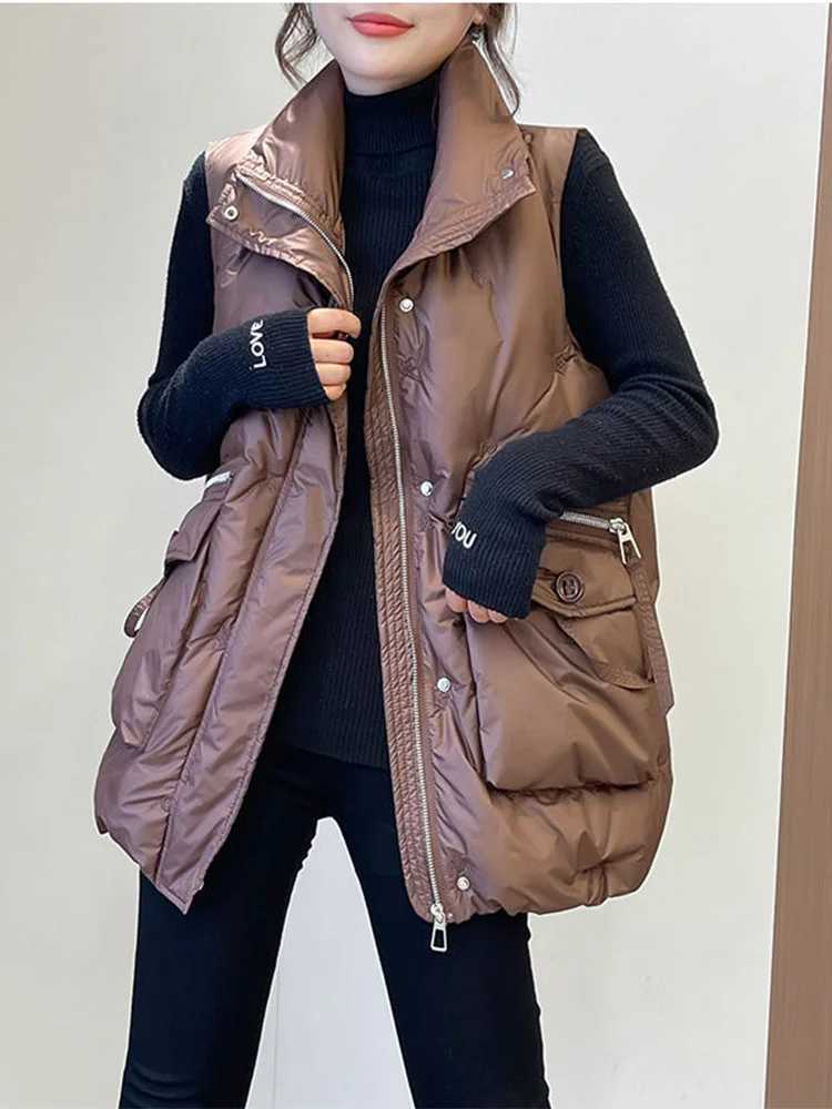 Women Loose Down Cotton Vest Autumn Winter Women Zipper Large Pocket Waistcoat Vests Female Solid Sleeveless Waistcoat VestsT251128