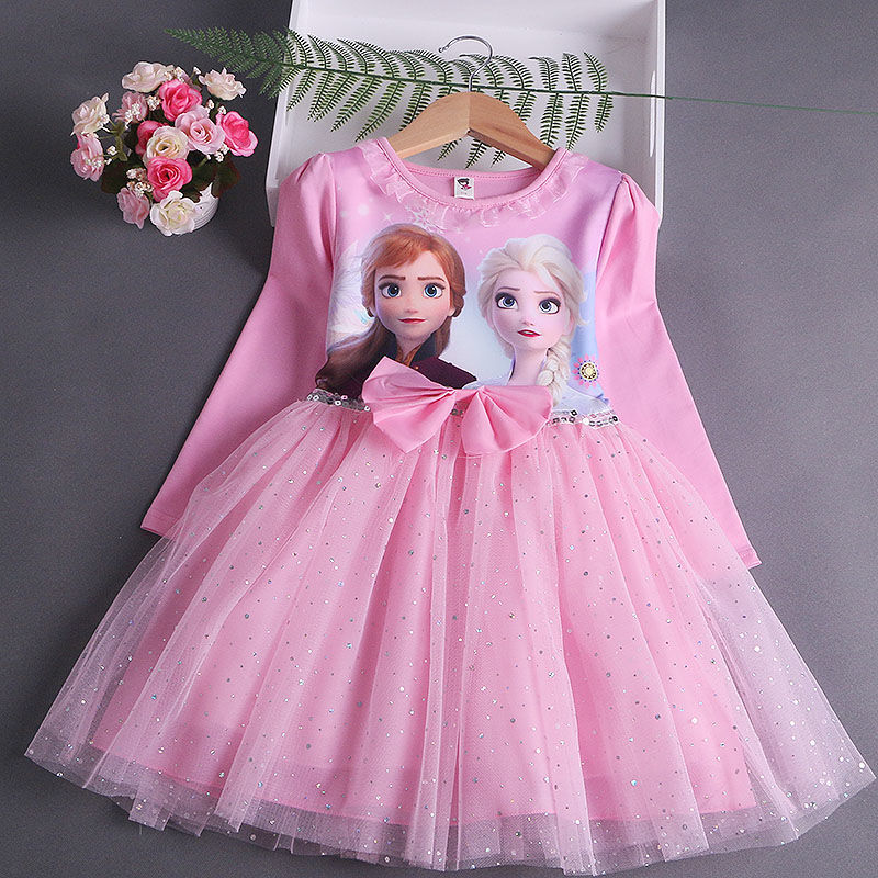 DISNEY Elsa princess dress kids designer clothes Spring and Autumn Girls' Long Sleeve Dress Children's Puff Sleeve Tulle Skirt