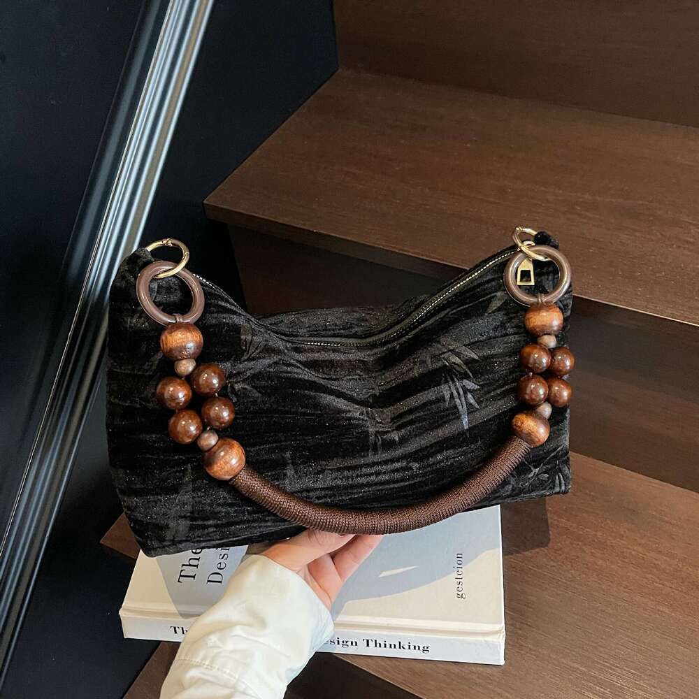 Vintage New Chinese Underarm Women's Trendy Simple Beaded Southern Style Classical Single Shoulder Velvet Bag Light Luxury - view 1