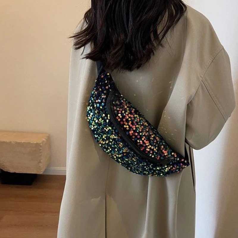 Neutral style womens and mens shoulder bag with sequins in black and colorful design high-end waist bagT251128