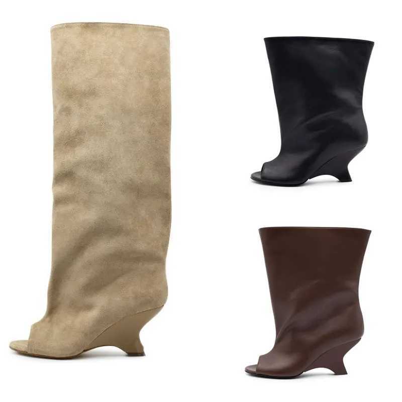2025 Spring and Autumn Womens Fish Mouth Thick High Heels Knee Length Womens Boots Fashion Slope Heel Large Summer Cool Boots W251128