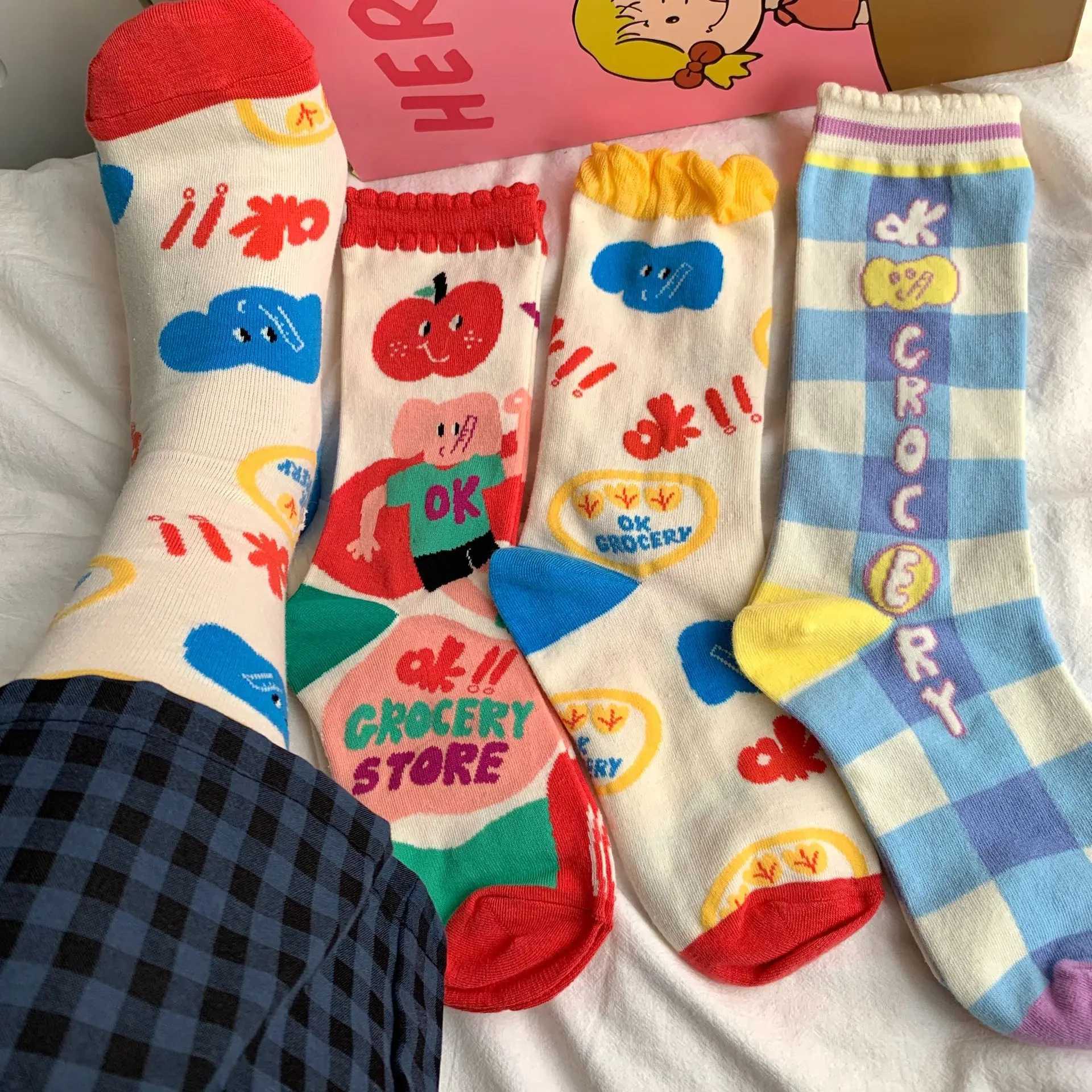 Women Little Tomato Socks Female Korean Mid-tube Ins JK Girls Cute Kawaii Cartoon All-season Casual Comfortable Cotton Socks J251128