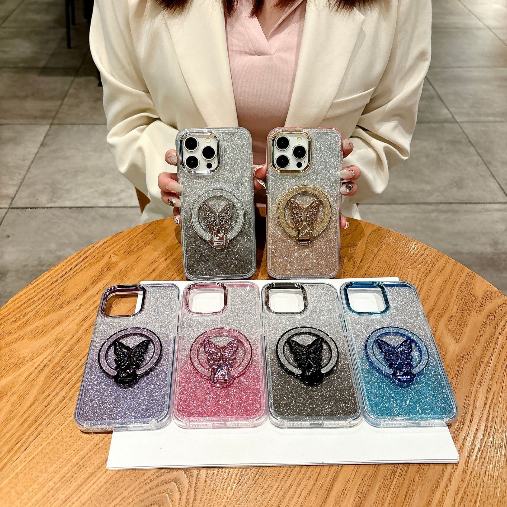 Frame Butterfly Stand Phone Case iPhone 16 Pro Max Compatible with Apple 15/14 Gradient Glitter Cardboard Case
